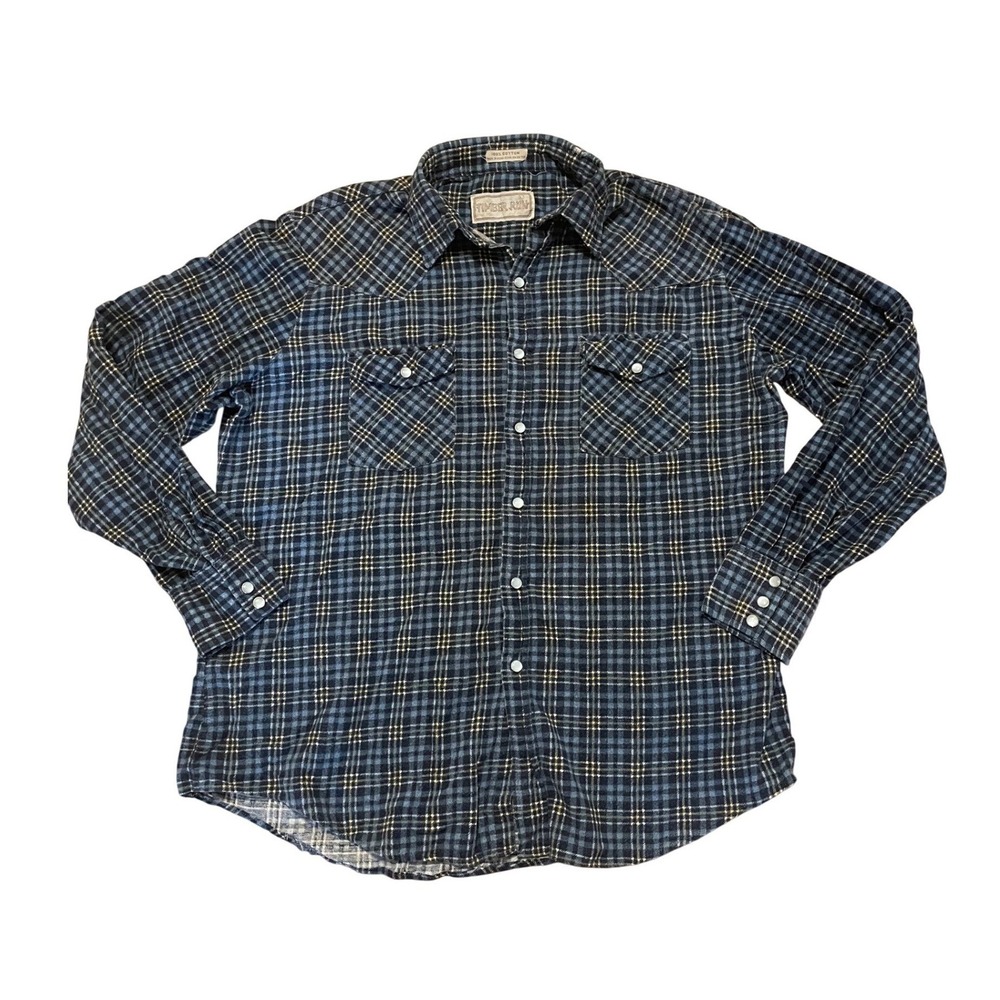 Vintage Western Flannel Snap Shirt‎ 80s Blue Timber Run Large Made In Hong Kong